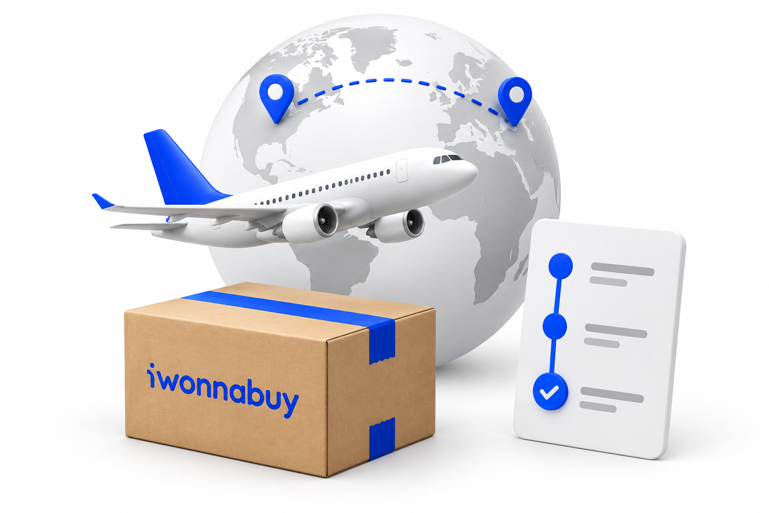 An airplane carrying a parcel along an international route across a globe, beside shipment tracking progress