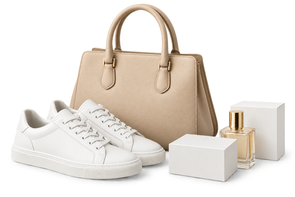Handbag, sneakers, perfume and shopping boxes