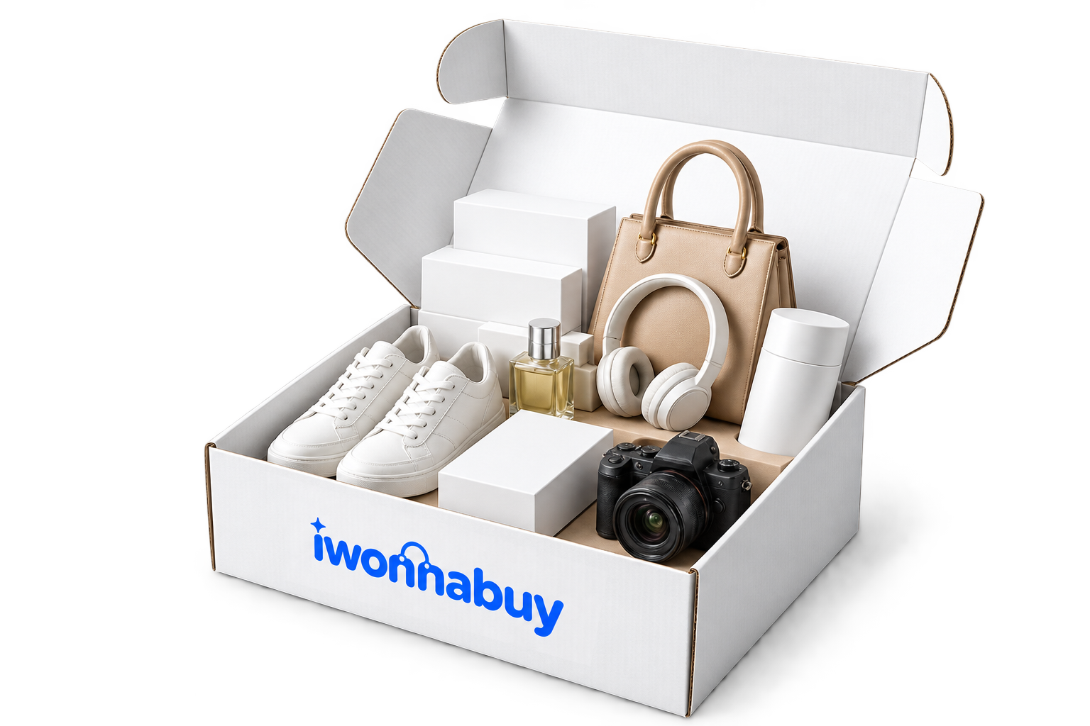 Open iwonnabuy forwarding box with sneakers, a handbag, headphones, perfume, a camera and retail packages