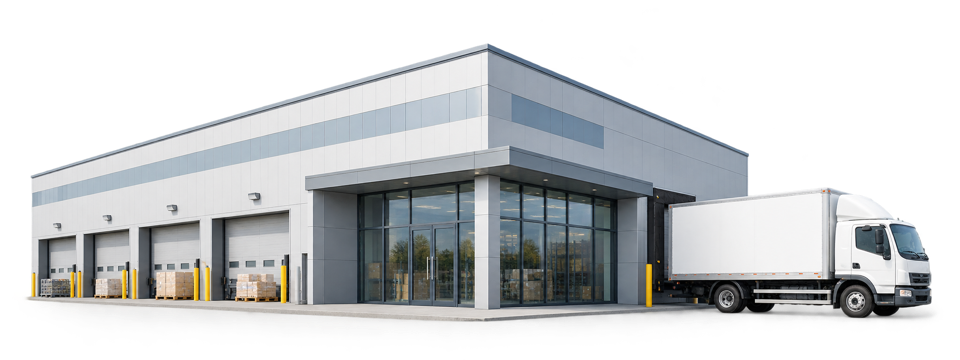 Modern fulfillment warehouse with a delivery truck