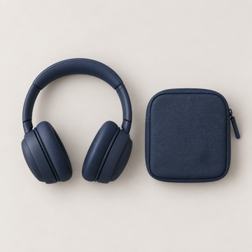 Navy headphones and travel pouch